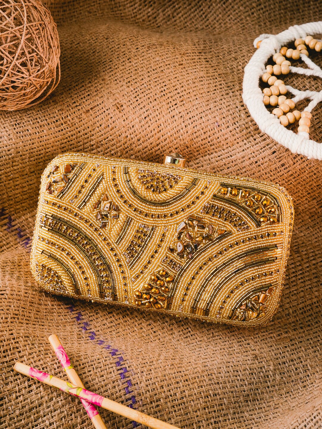 NR By Nidhi Rathi Women Embellished Fabric Box Clutch, Gold