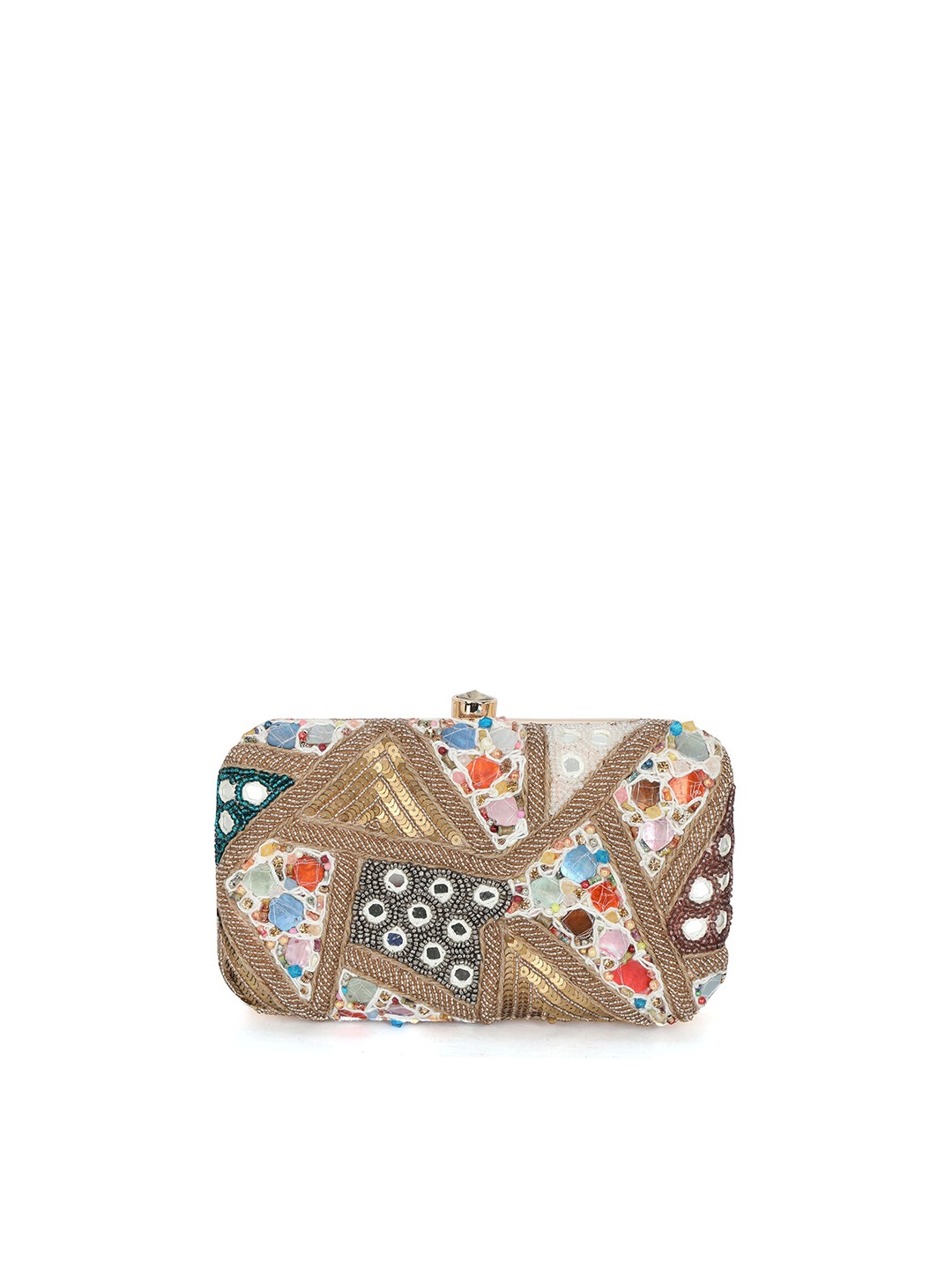 NR By Nidhi Rathi Women Embroidered Fabric Box Clutch, Gold