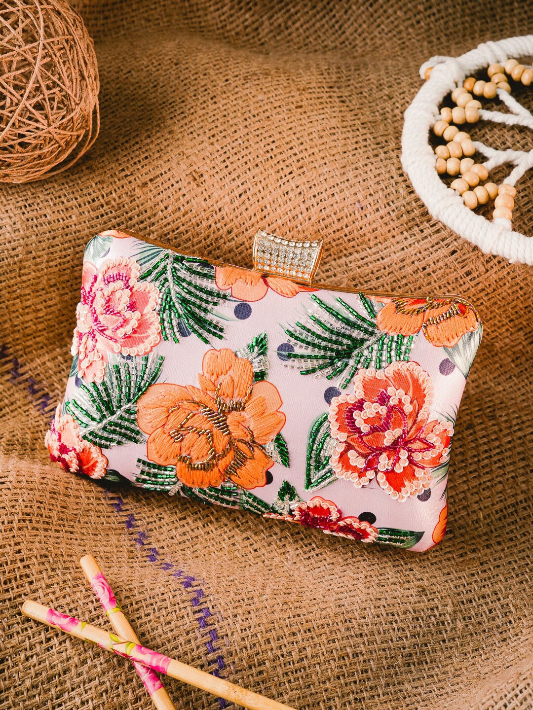 

NR By Nidhi Rathi Women Embroidered Fabric Box Clutch, Pink