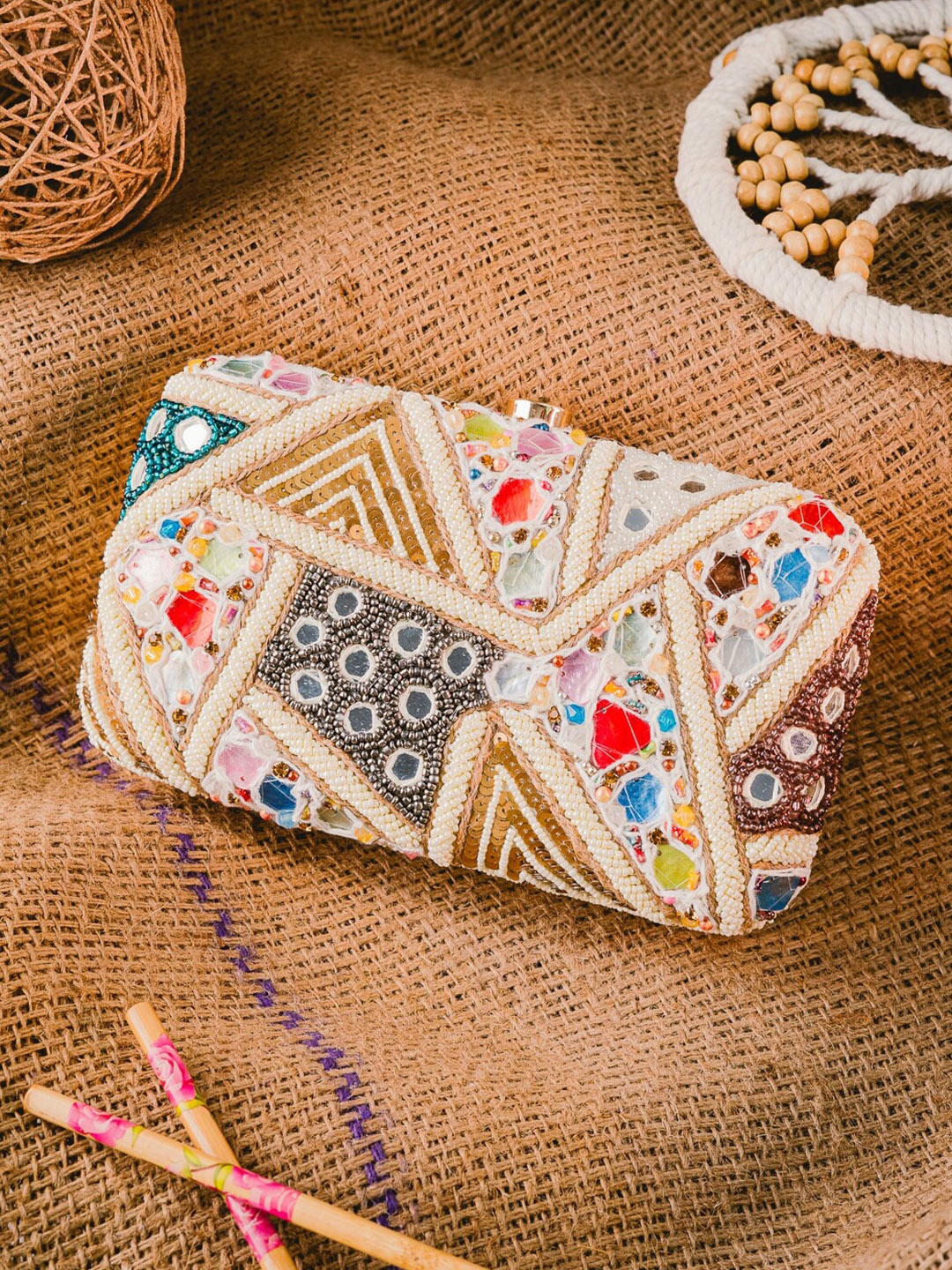 

NR By Nidhi Rathi Women Embellished Fabric Box Clutch, White