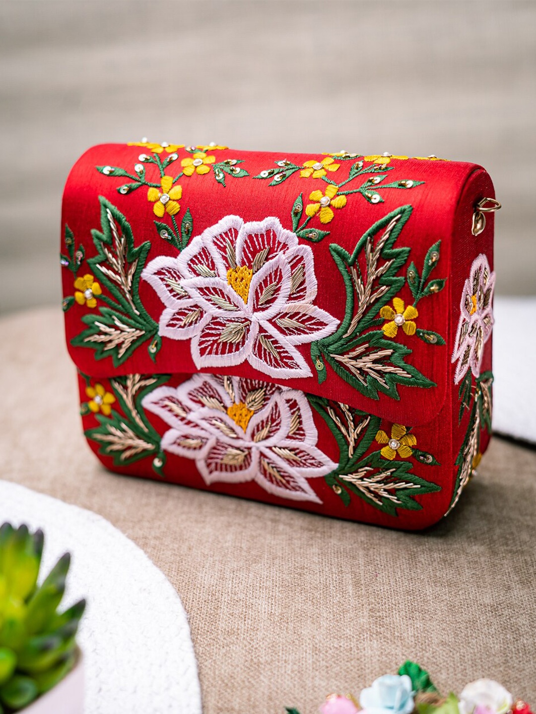 

NR By Nidhi Rathi Women Embroidered Foldover Clutch, Red