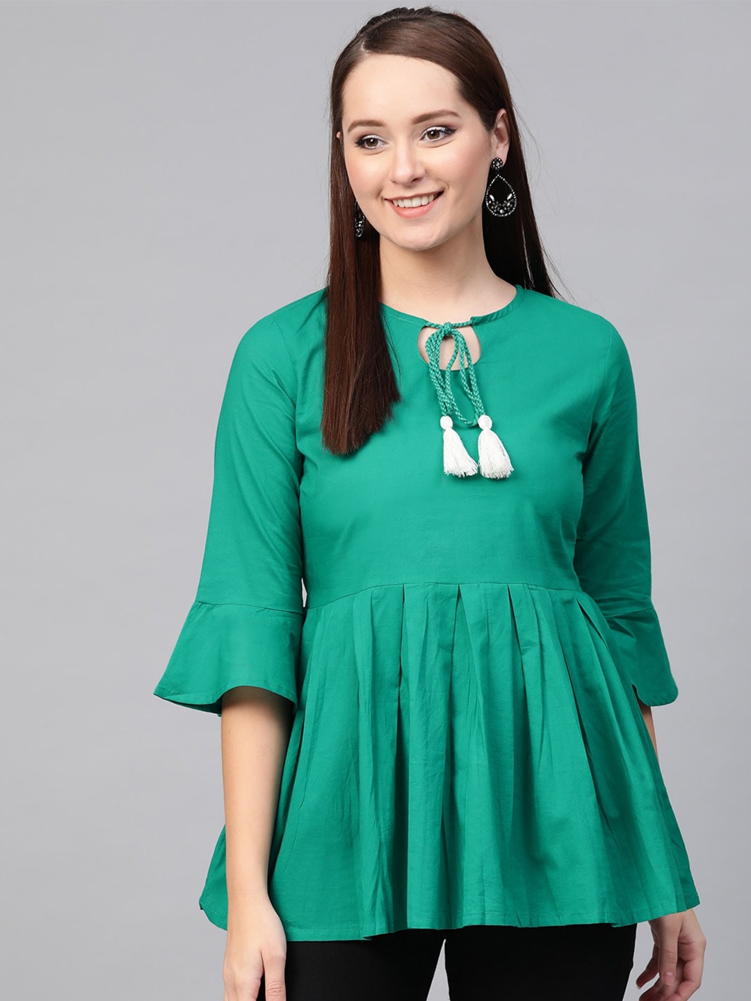 

SkyaSia Tie-Up Neck Bell Sleeves Peplum Top, Green
