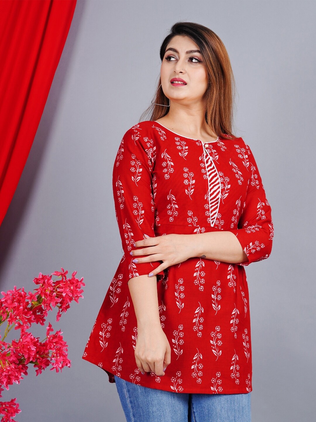 

SkyaSia Floral Printed Keyhole Neck Cotton Peplum Top, Red
