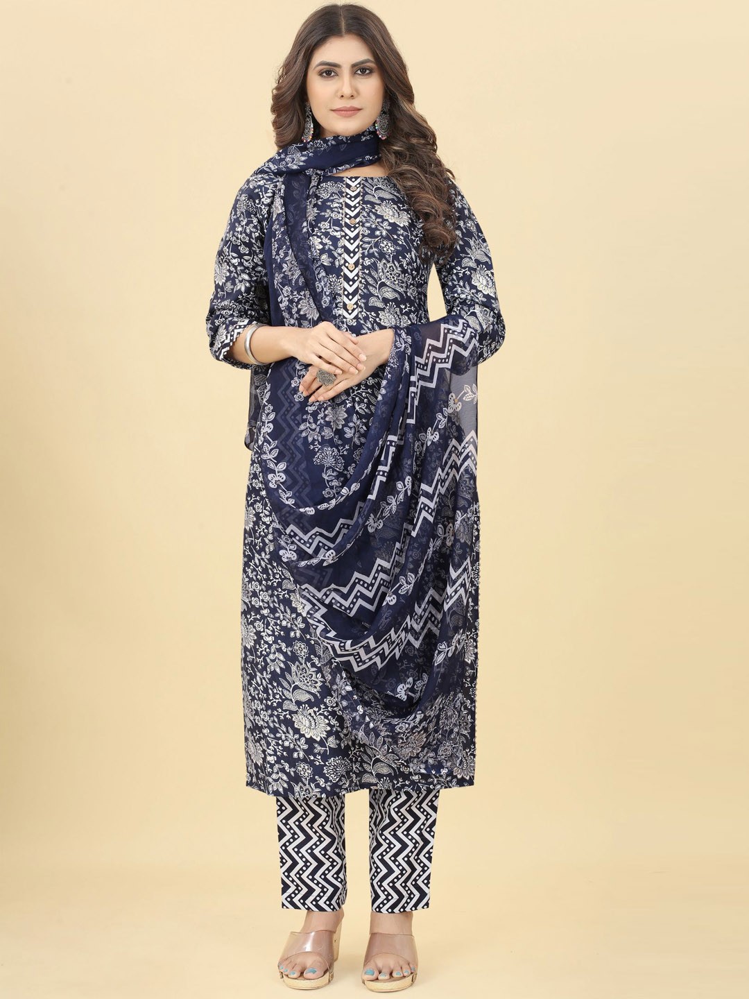 

KALINI Floral Printed Gotta Patti Kurta with Trousers & Dupatta, Navy blue