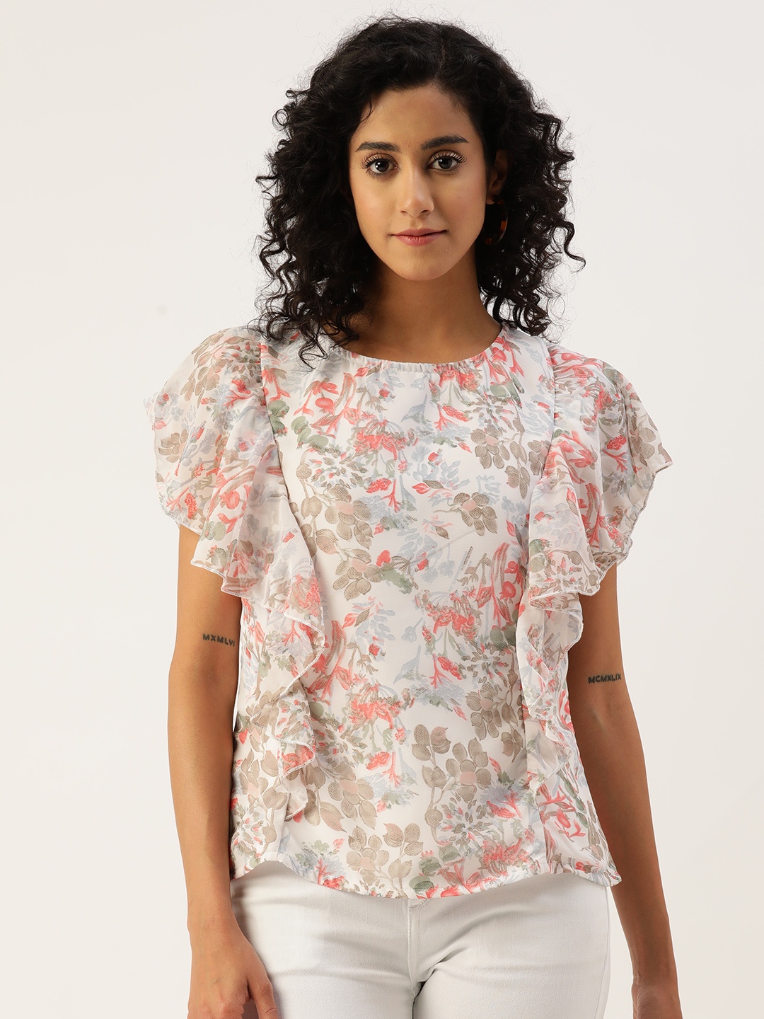 

Alsace Lorraine Paris Floral Print Flared Sleeve Ruffles Georgette Top, White