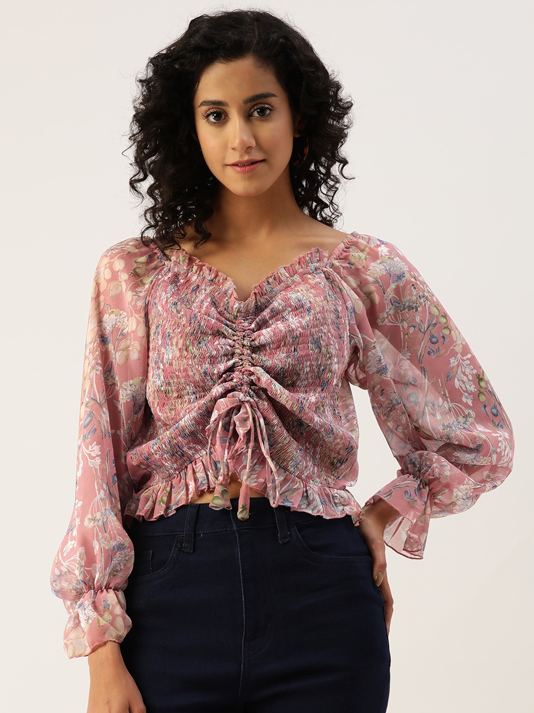 

Alsace Lorraine Paris Floral Print Puff Sleeve Georgette Crop Top, Pink