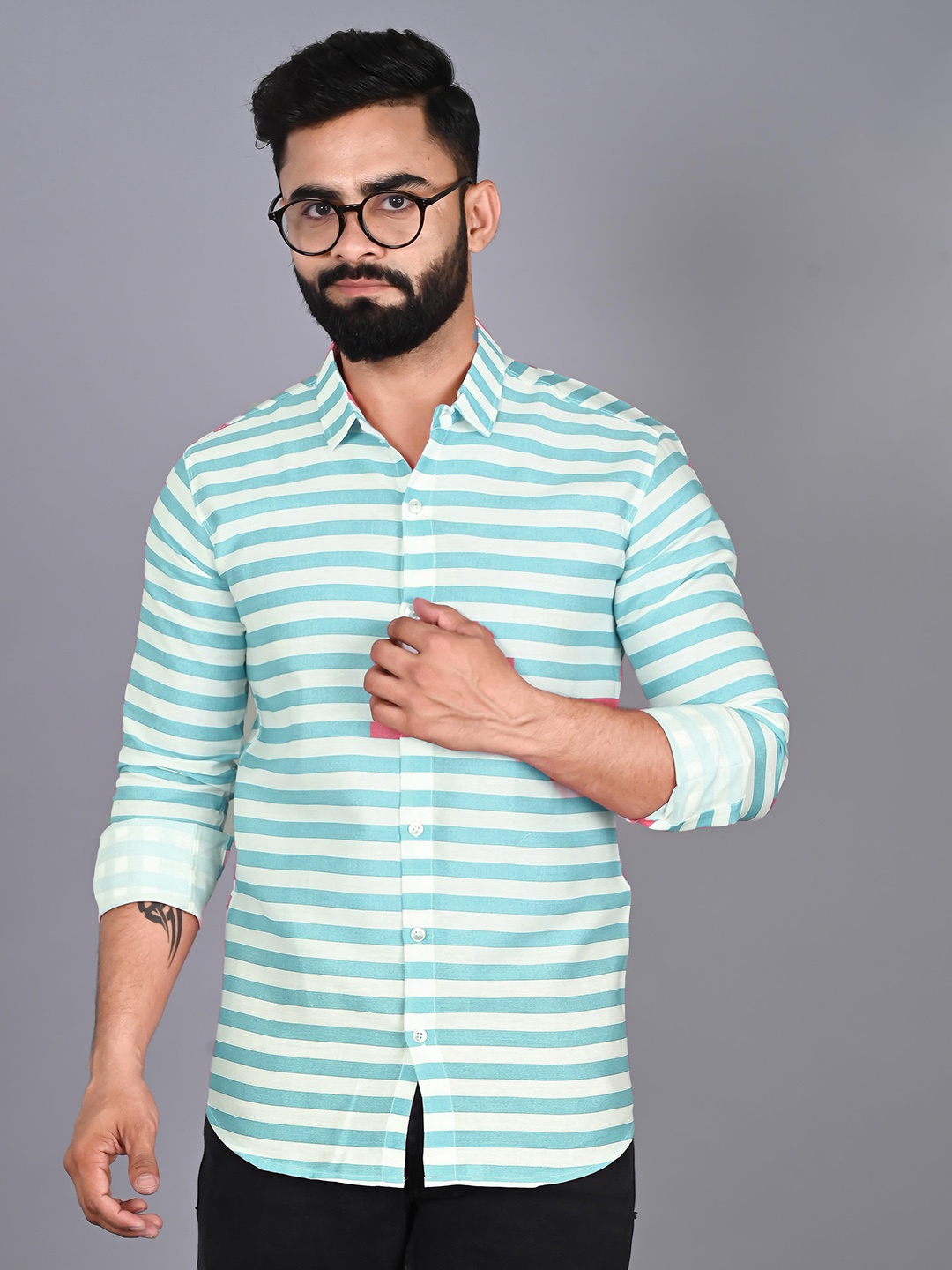 

FUBAR Modern Horizontal Stripes Cotton Casual Shirt, Green