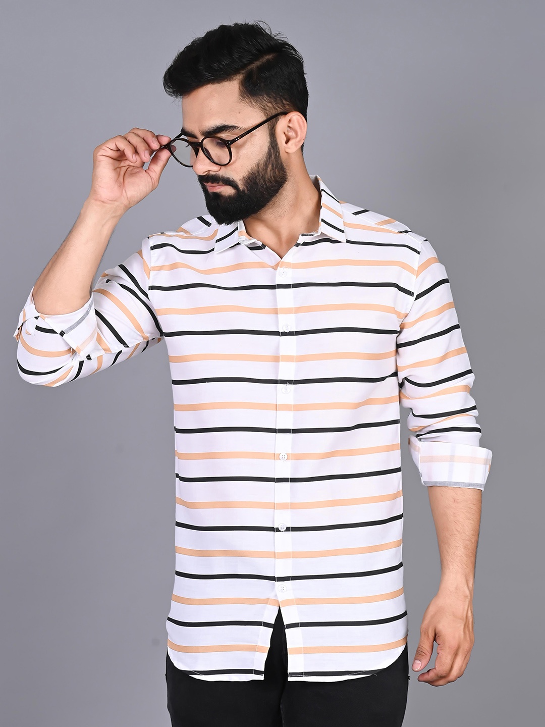 

FUBAR Modern Horizontal Striped Cotton Casual Shirt, White