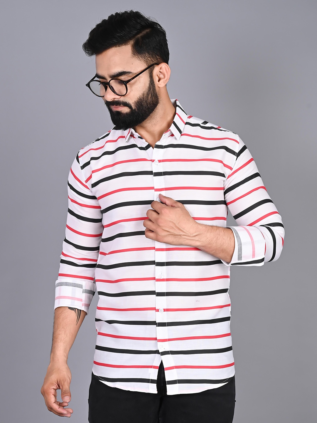 

FUBAR Modern Horizontal Stripes Cotton Casual Shirt, White