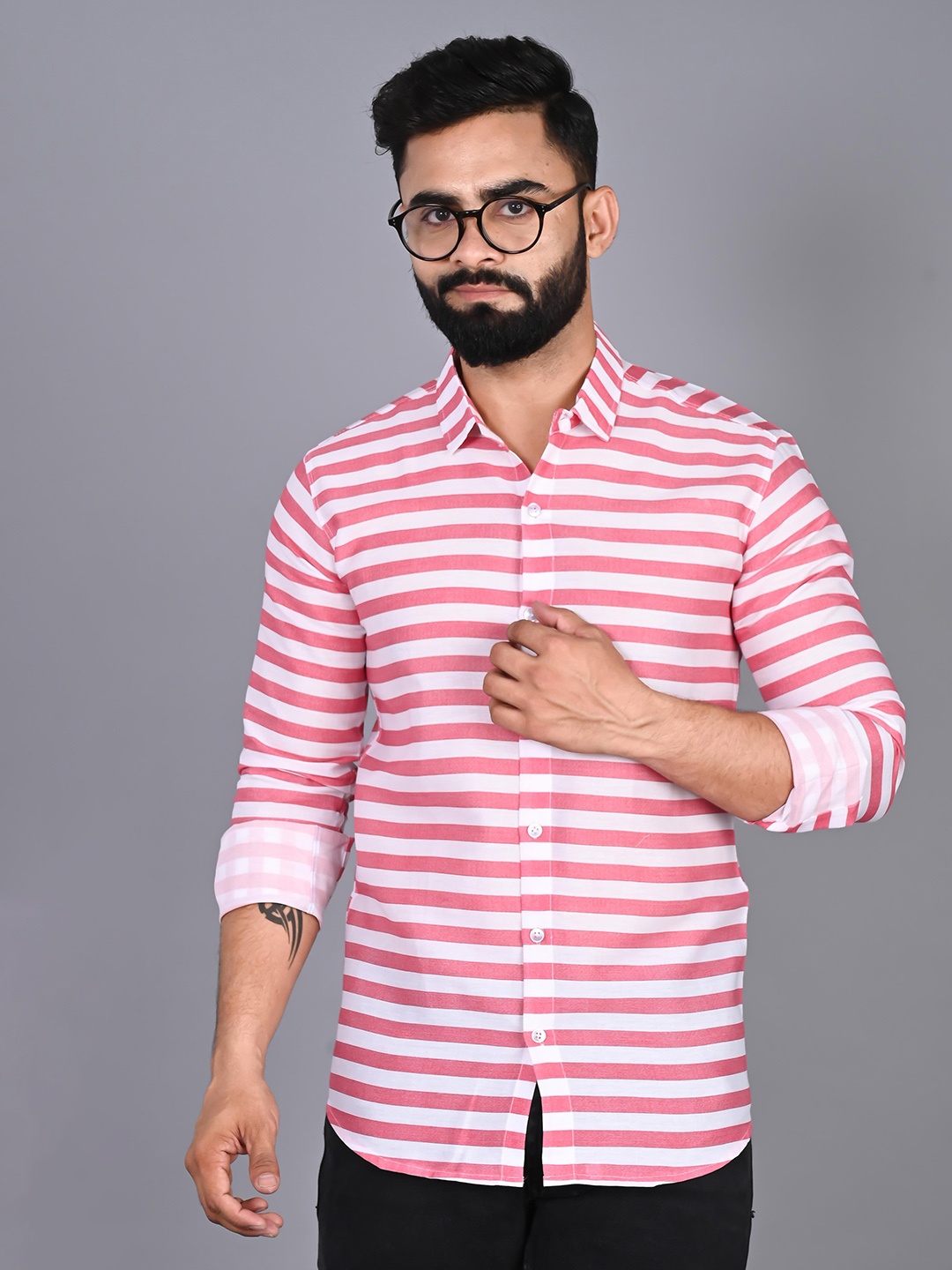 

FUBAR Modern Horizontal Stripes Cotton Casual Shirt, Pink