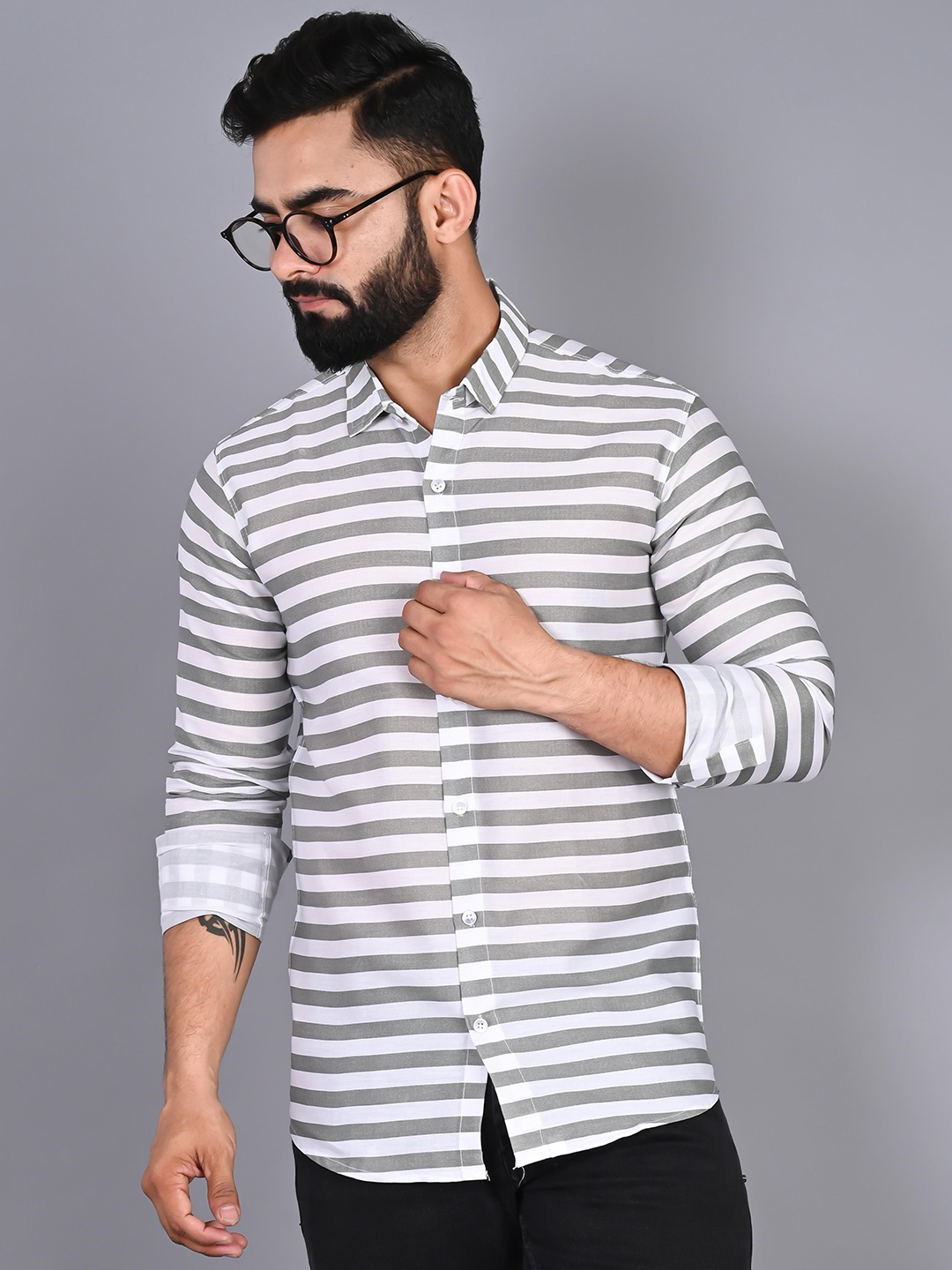 

FUBAR Modern Horizontal Striped Cotton Casual Shirt, Grey