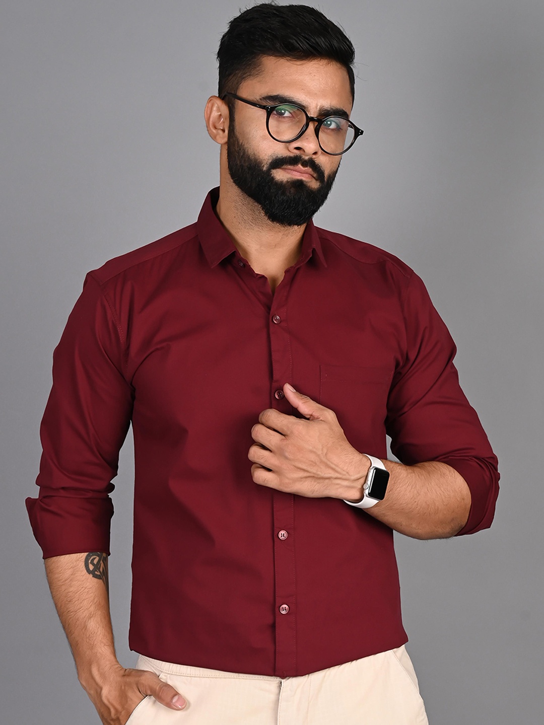 

FUBAR Modern Spread Collar Cotton Formal Shirt, Maroon