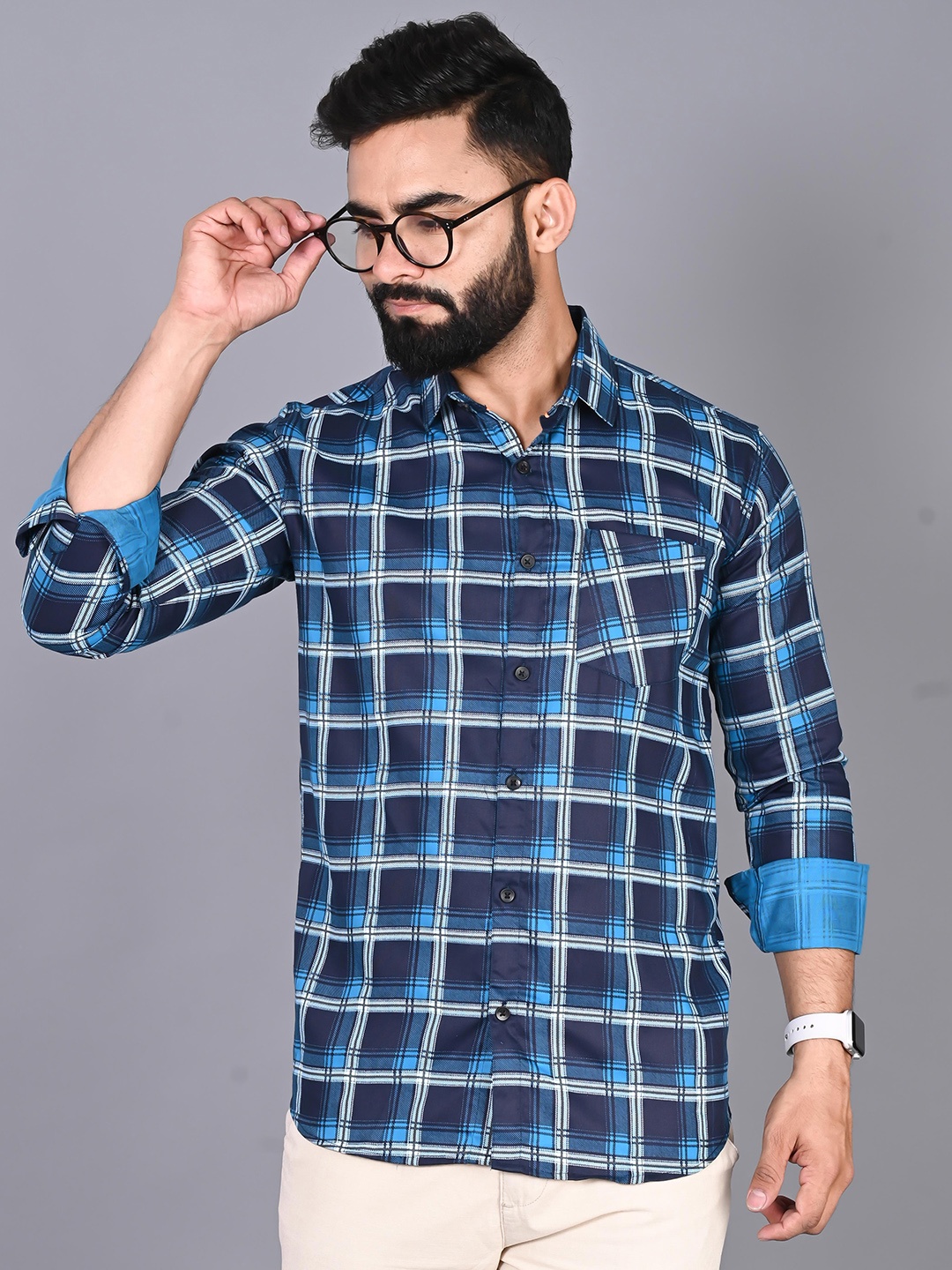 

FUBAR Modern Tartan Checks Cotton Casual Shirt, Blue