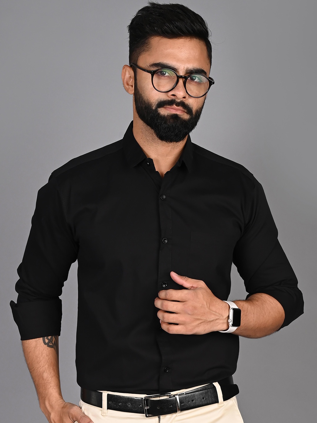

FUBAR Modern Spread Collar Cotton Formal Shirt, Black
