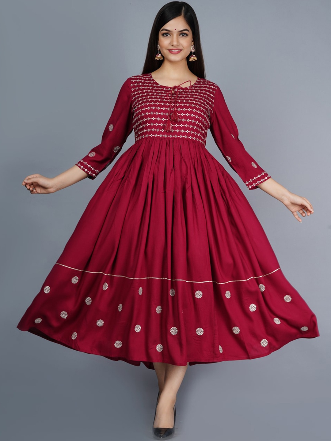 

KALINI Embroidered Tie Up Neck A-Line Ethnic Dress, Maroon