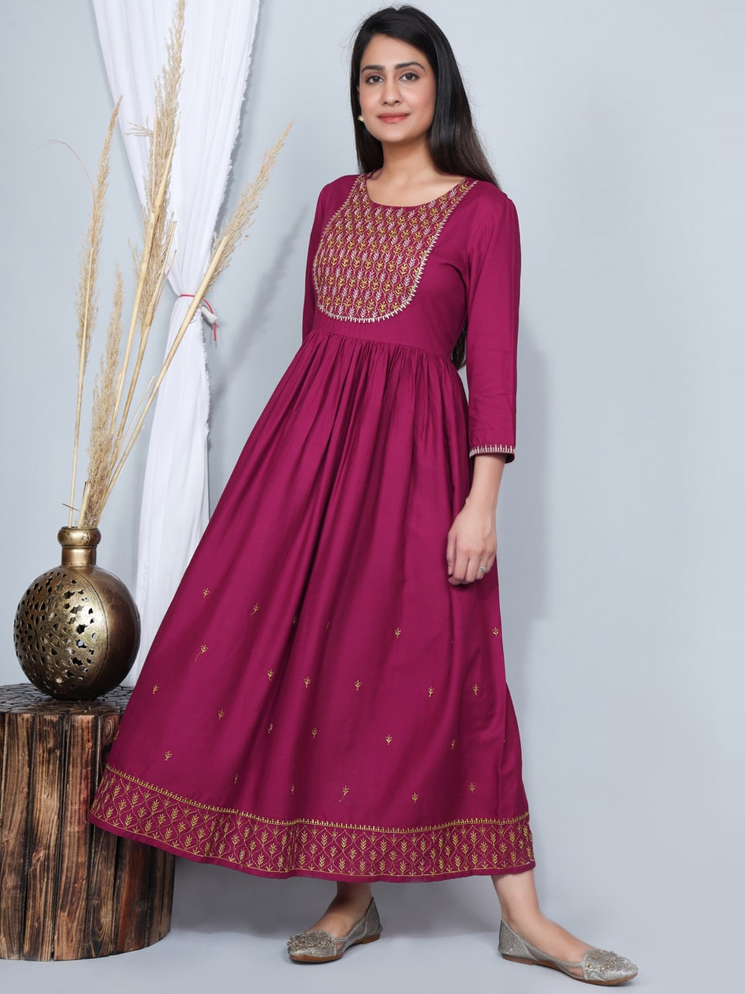 

KALINI Ethnic Motifs Embroidered Fit & Flare Ethnic Dress, Purple