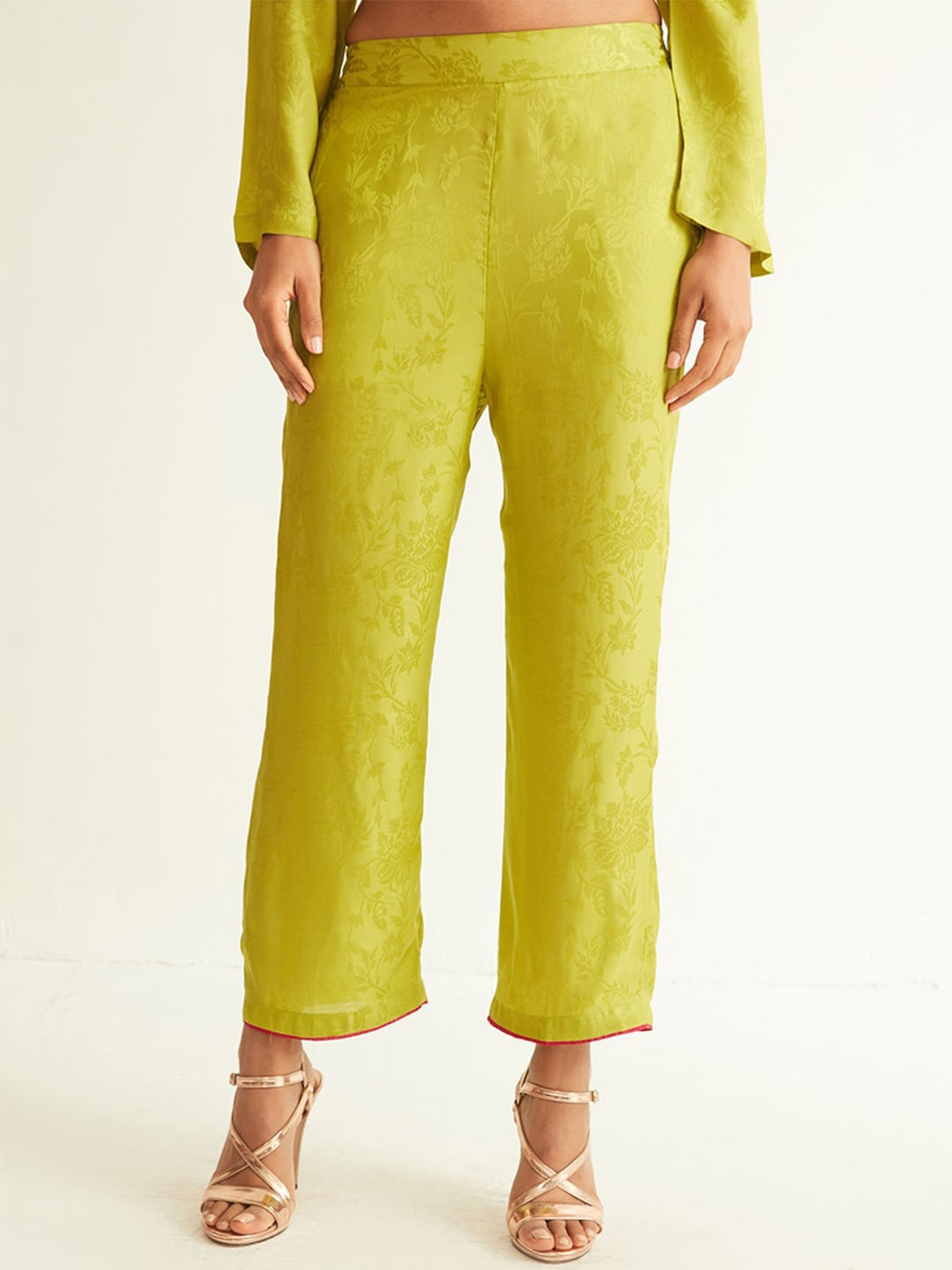 Ancestry Women Self Design Straight Fit Parallel Trousers, Lime green