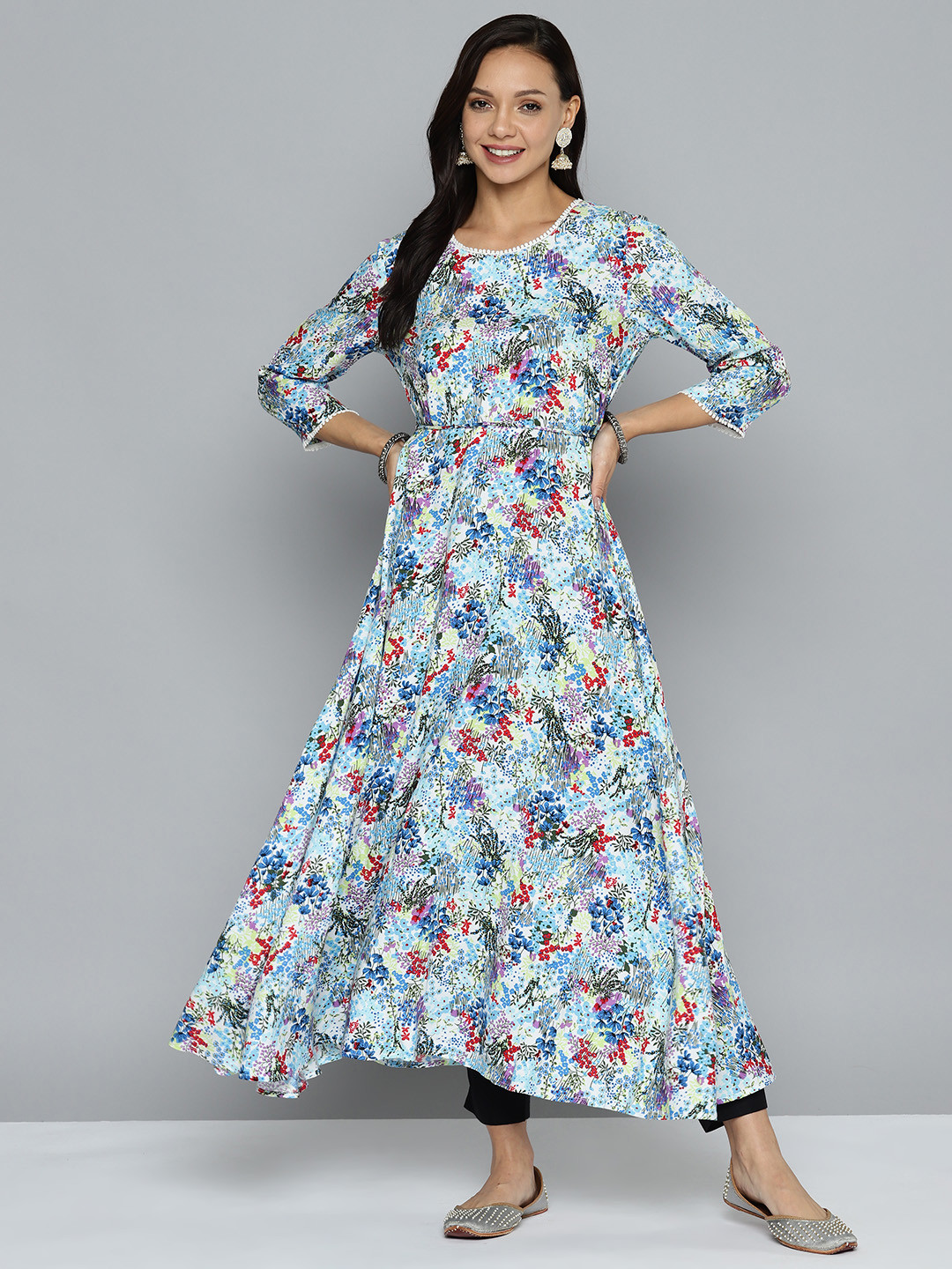 

HERE&NOW Women Floral Printed A-Line Kurta, Blue