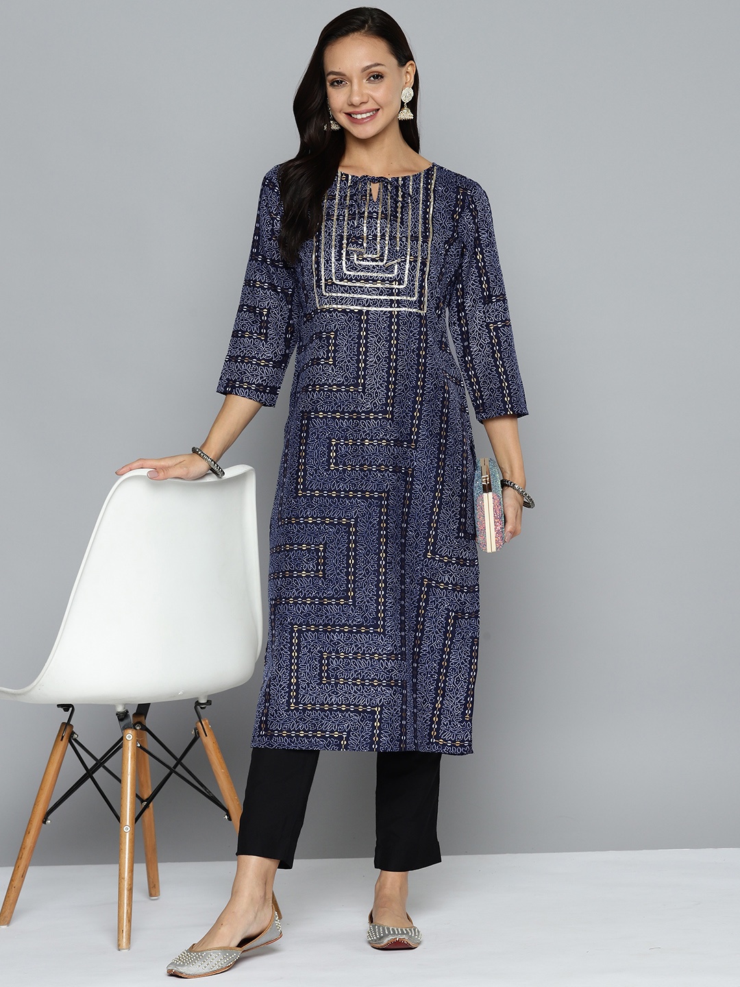 

HERE&NOW Women Ethnic Motifs Printed Gotta Patti Kurta, Blue