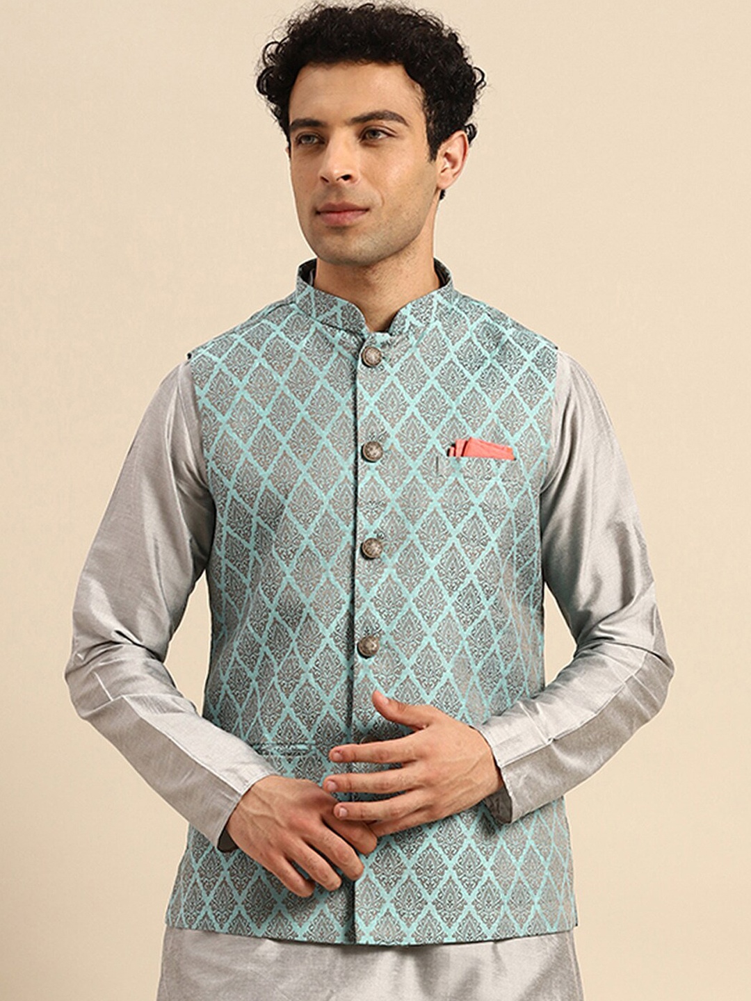 

KISAH Ethnic Motif Woven Design Nehru Jackets, Blue