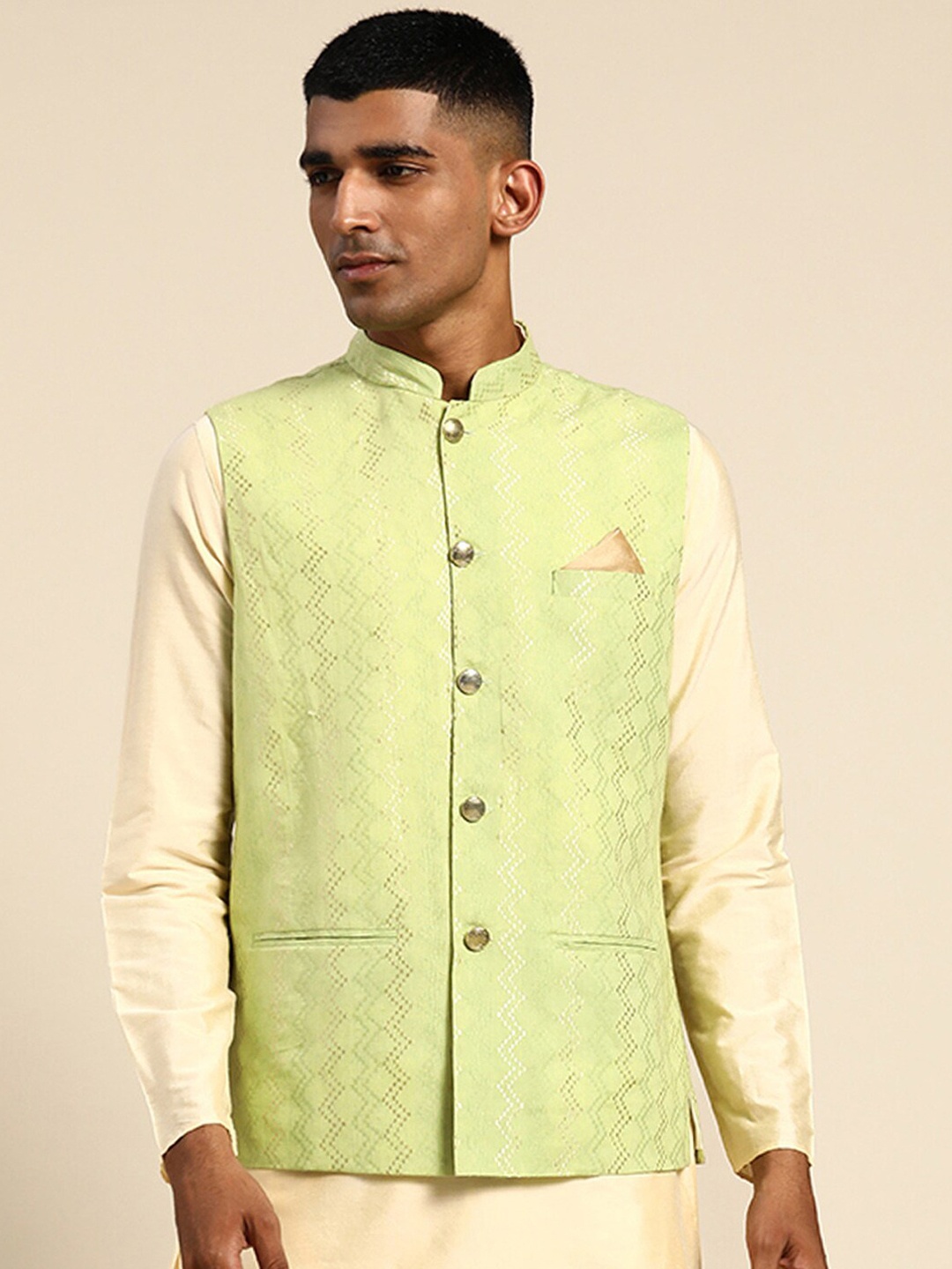 

KISAH Geometric Woven Design Nehru Jackets, Green