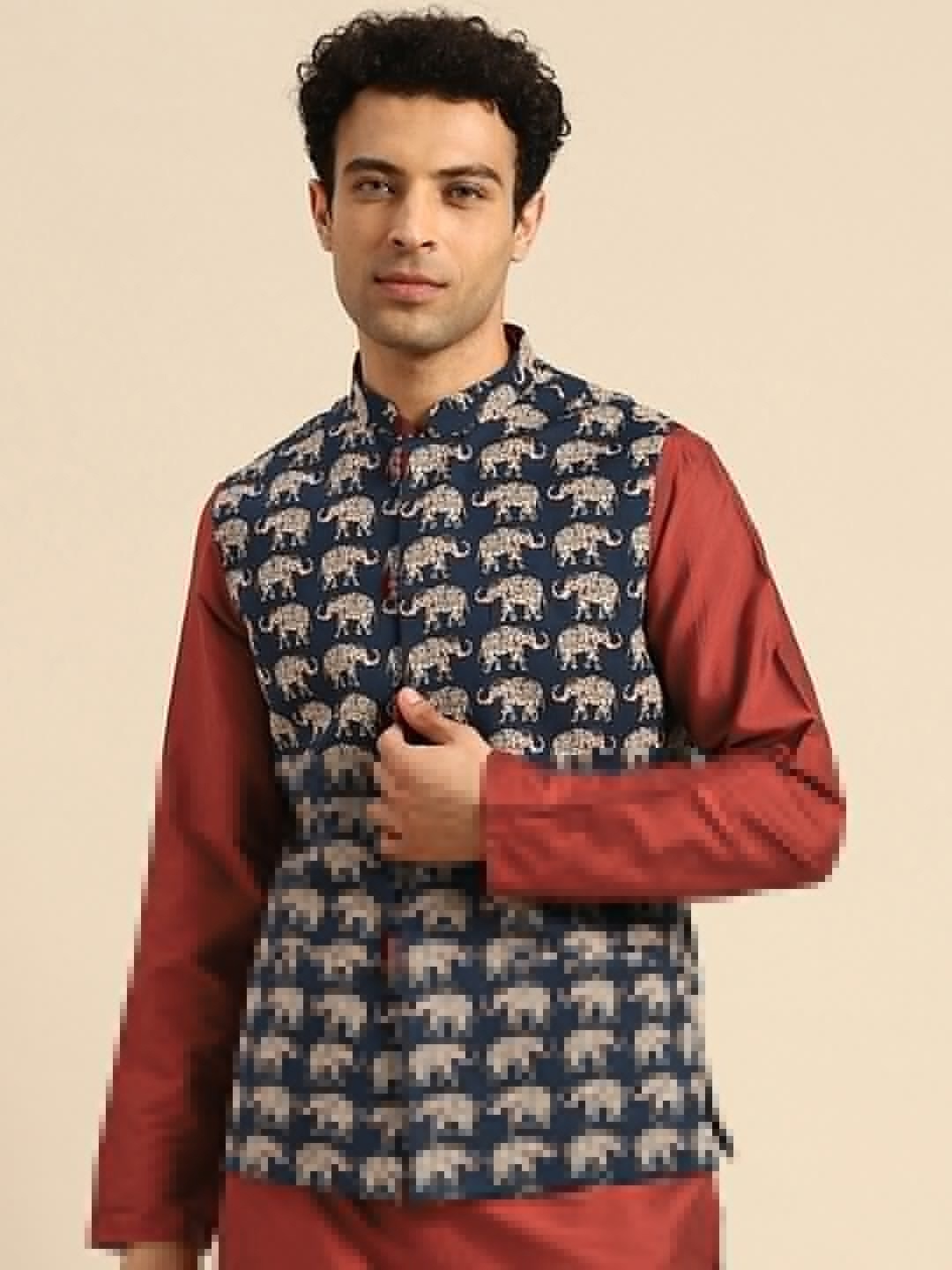 

KISAH Ethnic Motif Printed Nehru jacket, Blue