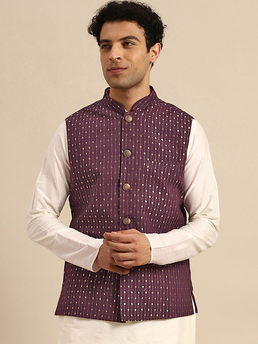 

KISAH Woven design Nehru Jackets, Purple