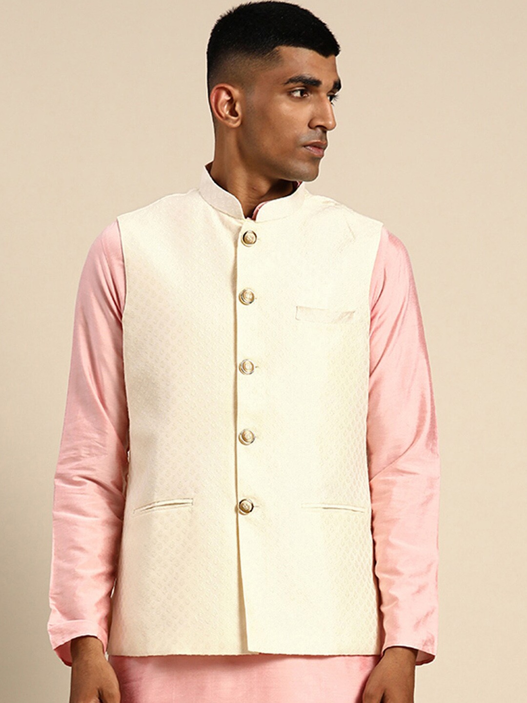 KISAH Woven Design Nehru Jacket, Cream