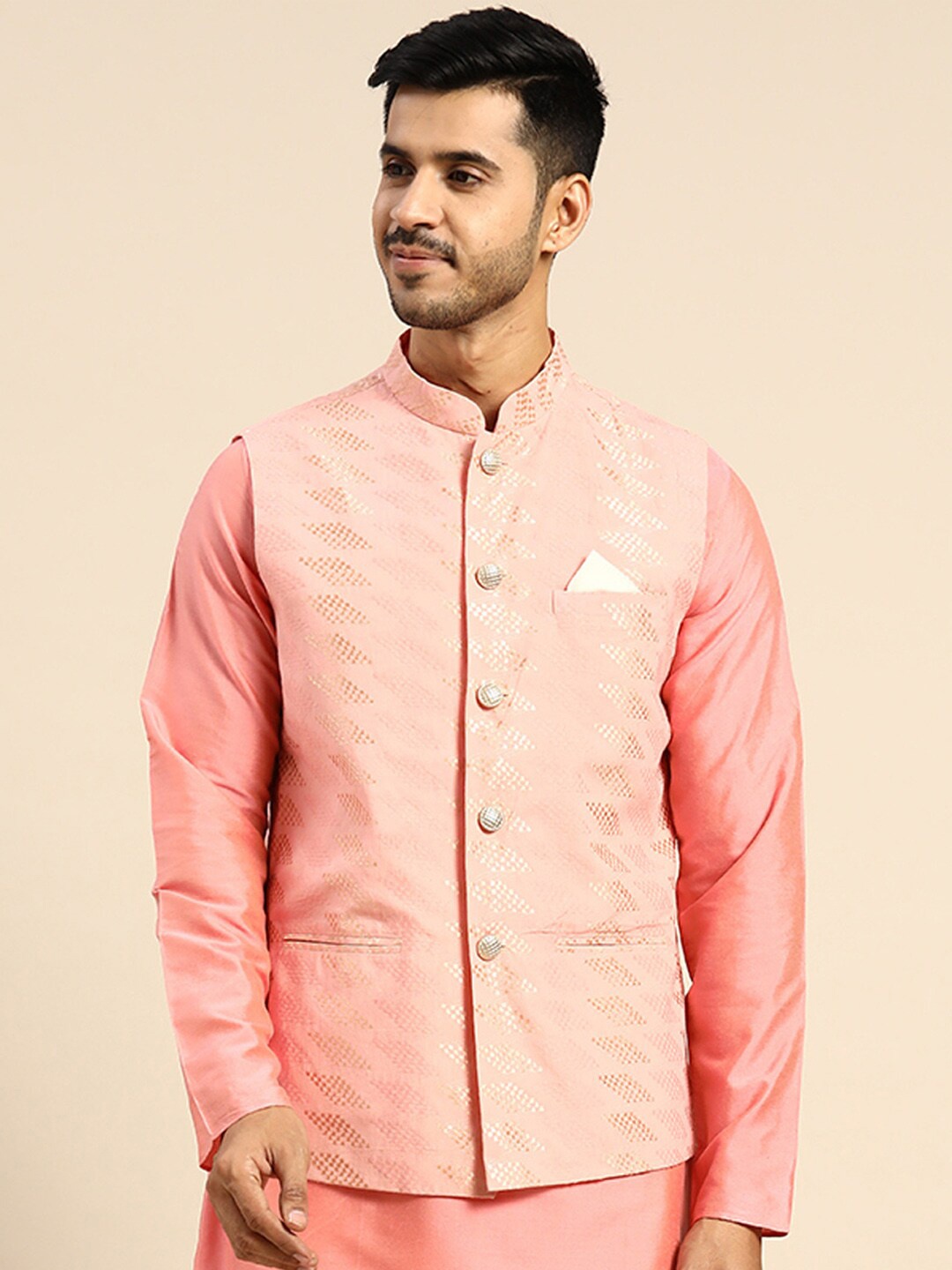 

KISAH Printed Woven Nehru Jacket, Pink