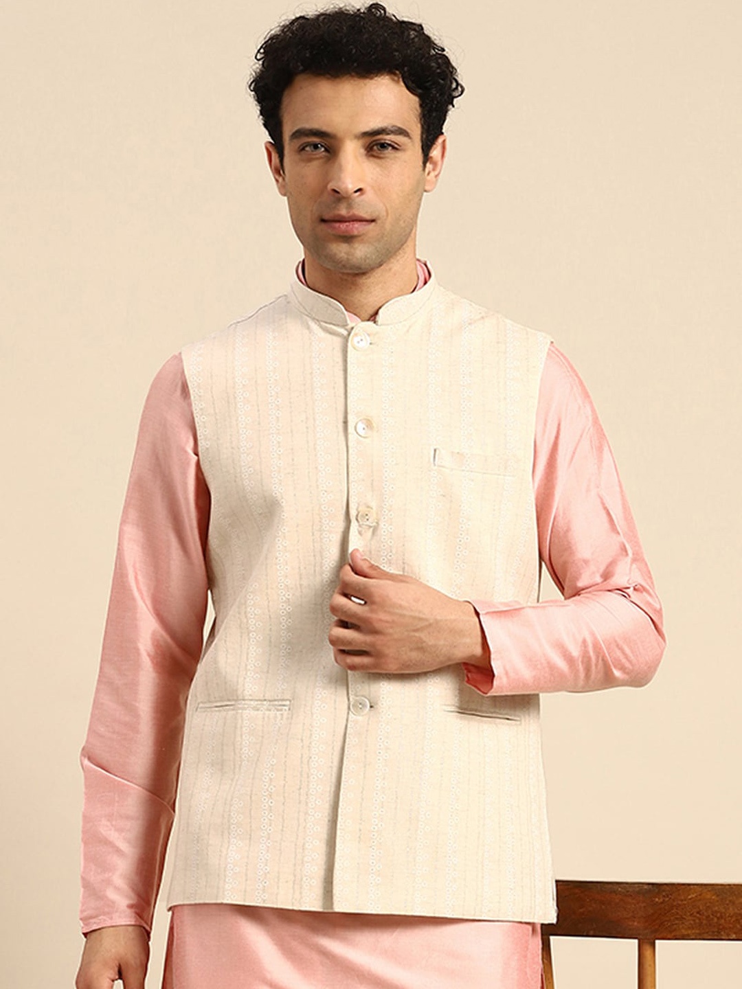 

KISAH Woven Design Nehru Jacket, Cream