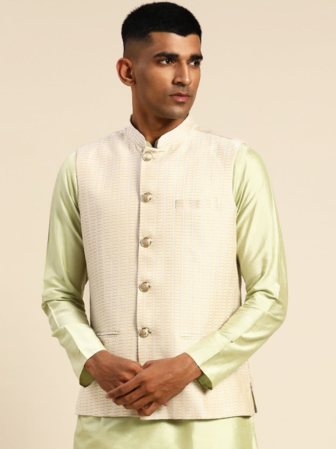 

KISAH Woven-Design Nehru Jacket, Cream