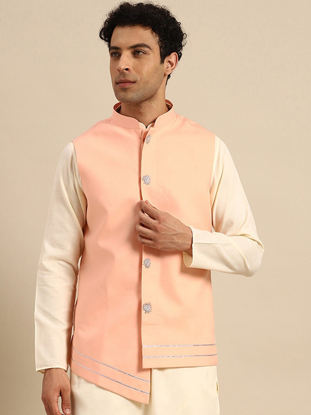 

KISAH Mandarin Collar Woven Nehru Jacket, Pink