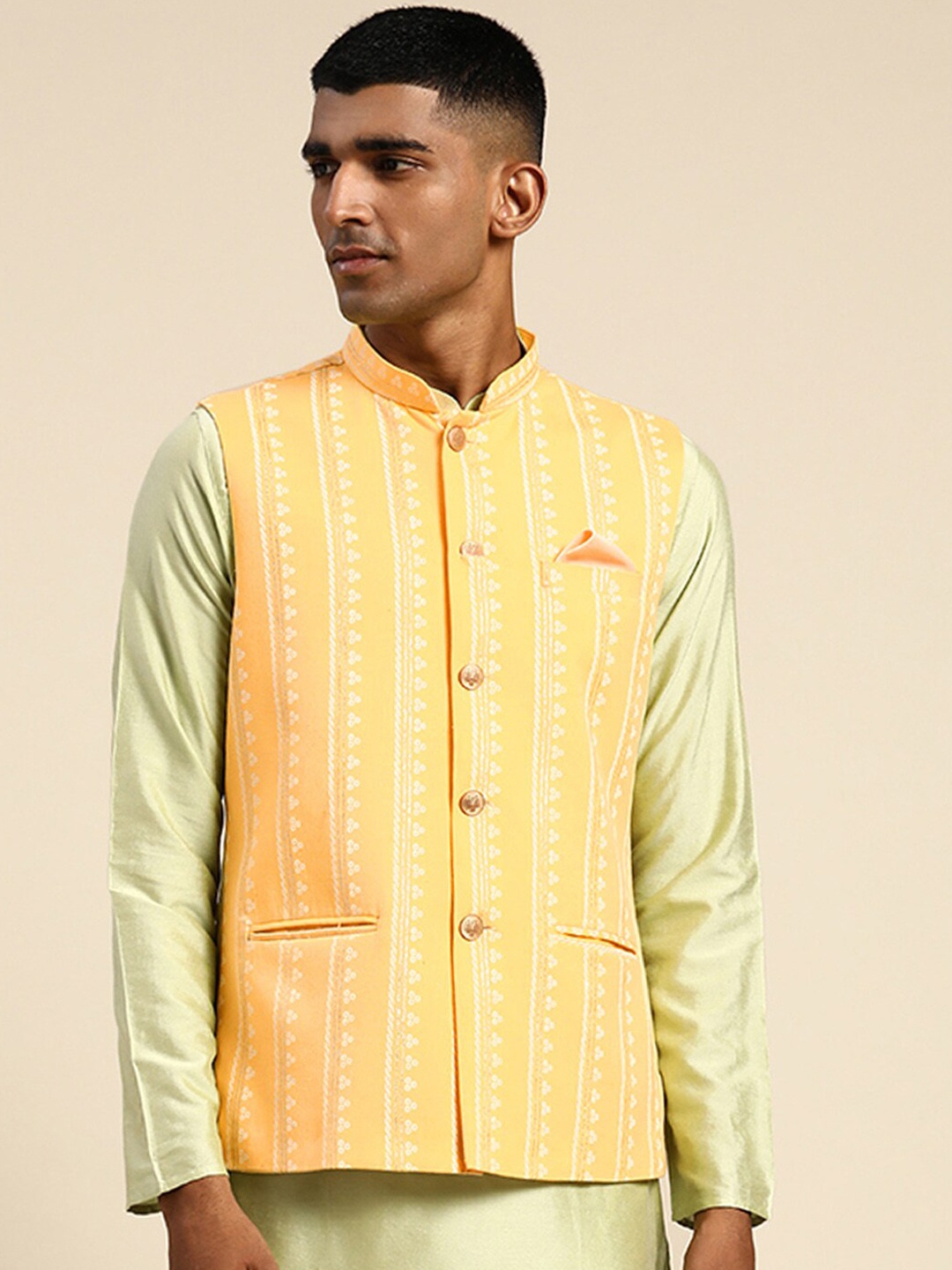 

KISAH Woven-Design Nehru Jackets, Yellow