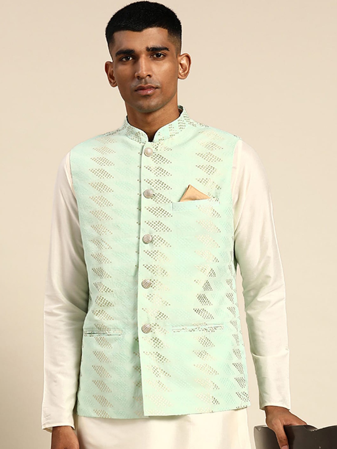 KISAH Woven Design Nehru Jacket, Green