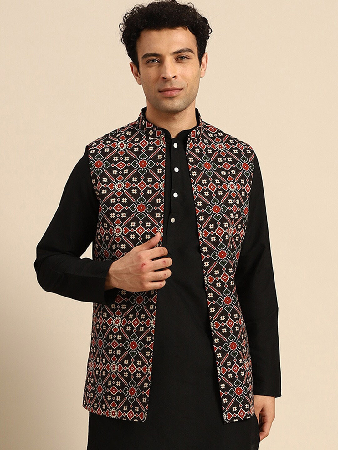 

KISAH Ethnic Motif Printed Nehru Jackets, Black