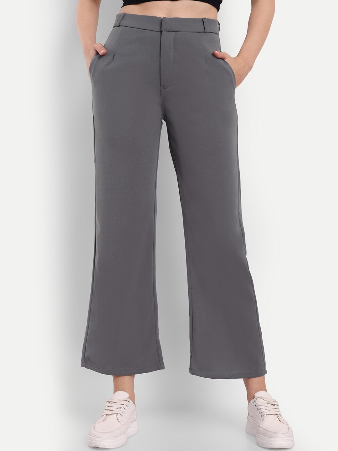 

Next One Women Straight Fit High-Rise Easy Wash Bootcut Trousers, Grey