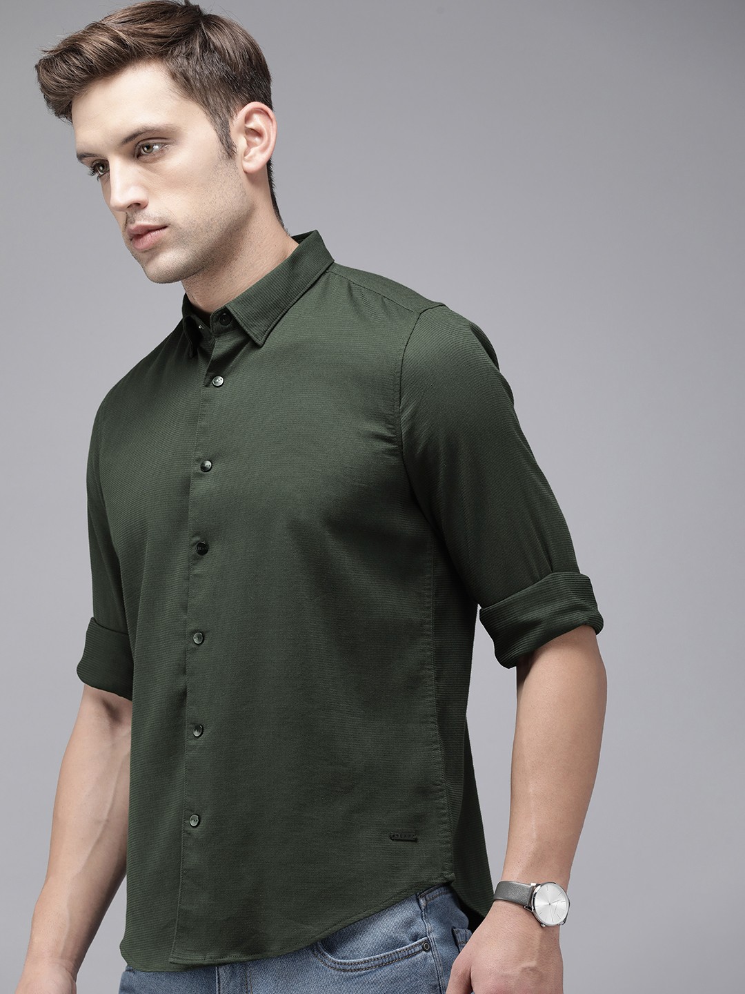 

THE BEAR HOUSE Men Slim Fit Opaque Casual Shirt, Green