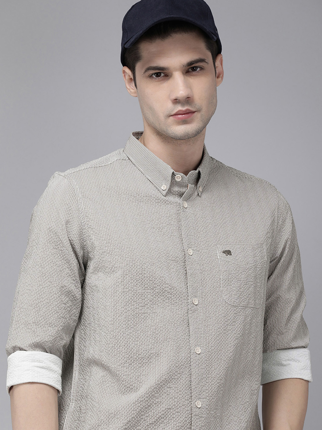 

THE BEAR HOUSE Men Slim Fit Opaque Striped Casual Shirt, Brown