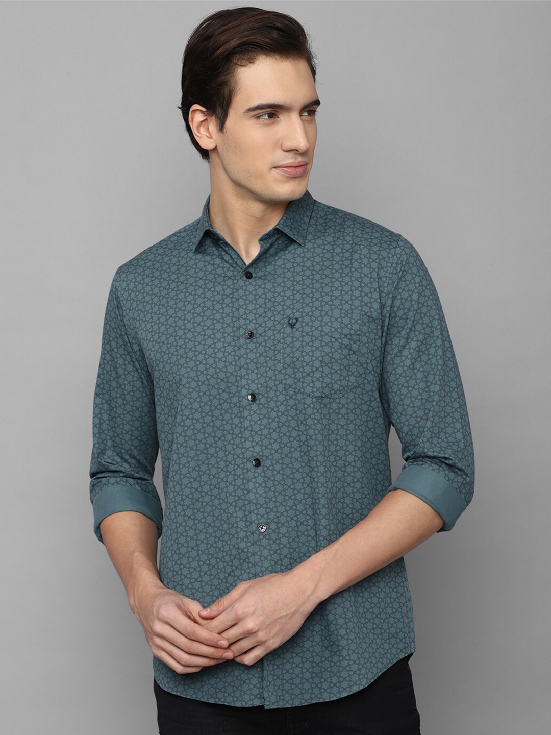 

Allen Solly Spread Collar Slim Fit Floral Printed Pure Cotton Casual Shirt, Teal
