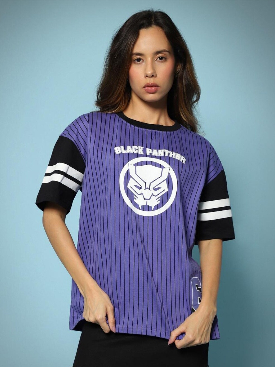 

Bewakoof Purple & Black Black Panther Printed Cotton Oversized T-shirt