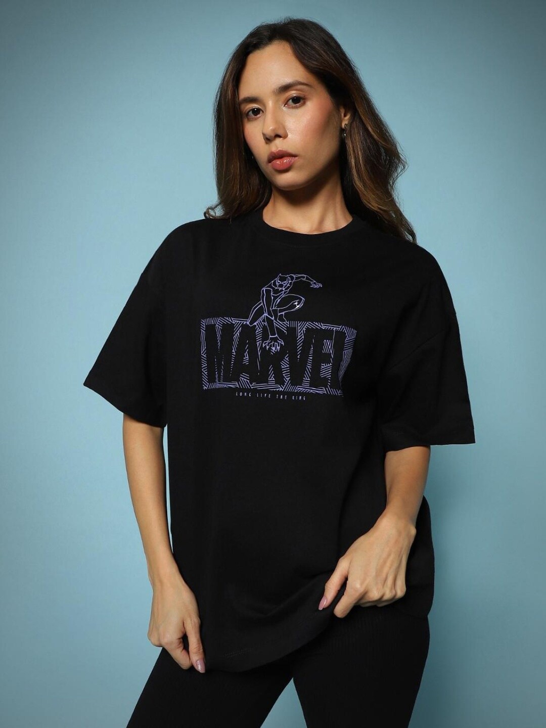 

Bewakoof X The Marvel Typography Printed Drop Shoulder Cotton Oversize T-shirt, Black