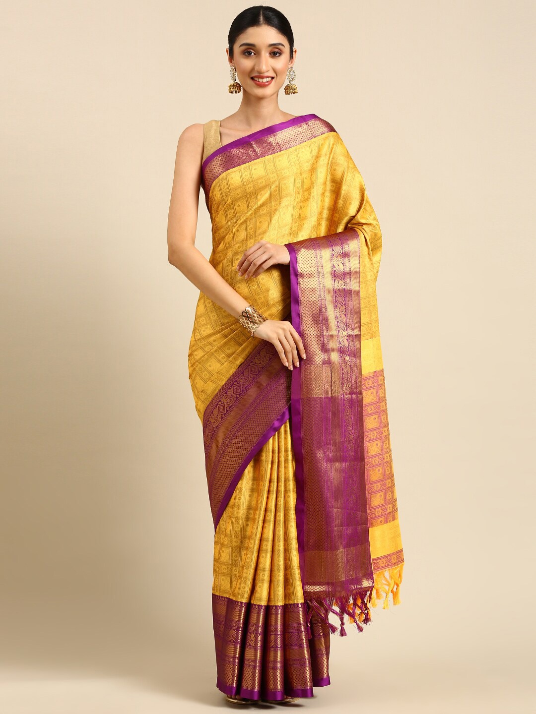 

Anouk Mustard & Purple Ethnic Motifs Woven Design Zari Silk Blend Kanjeevaram Saree