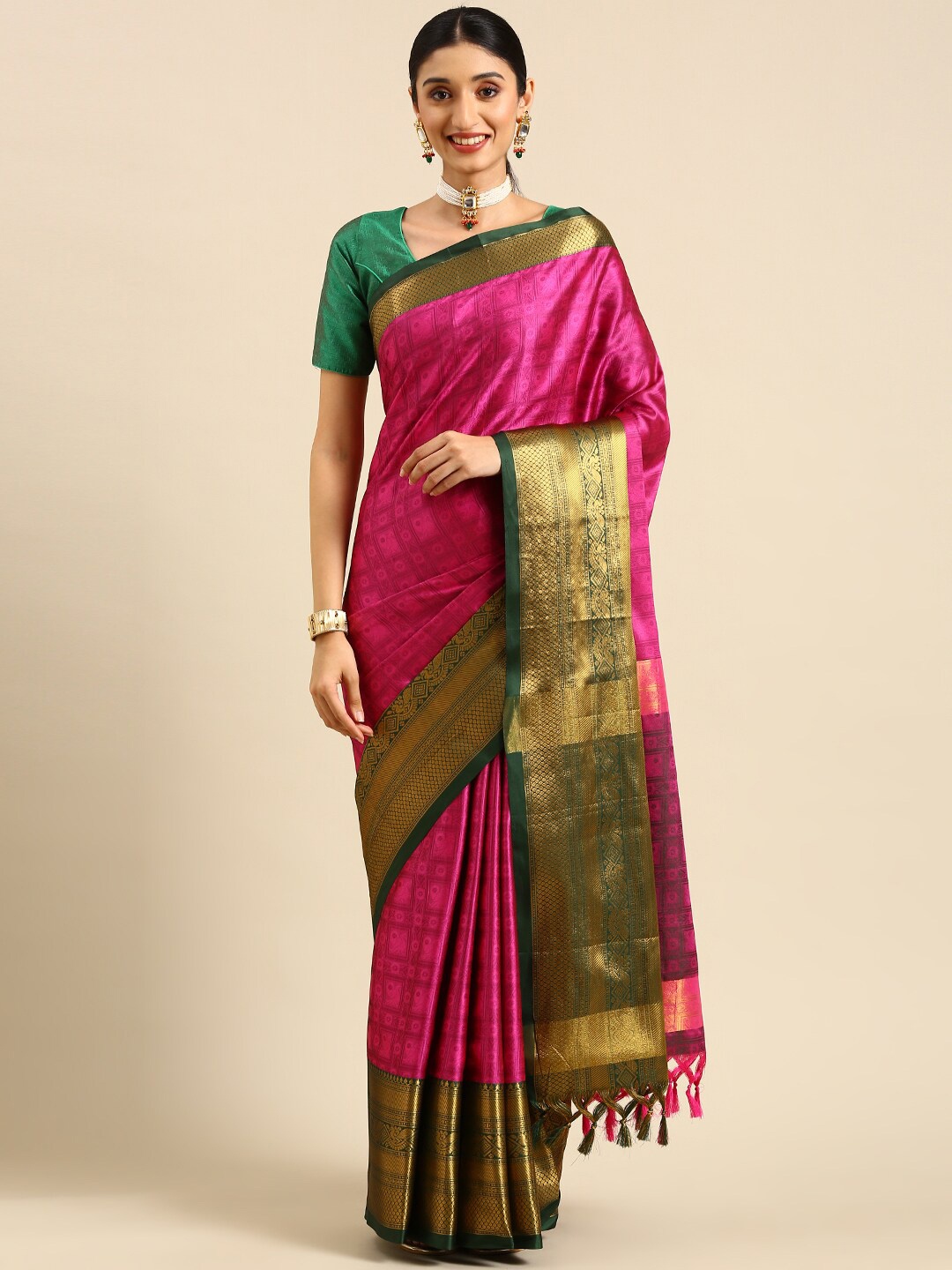 

Anouk Fuchsia & Green Ethnic Motifs Woven Design Zari Silk Blend Kanjeevaram Saree