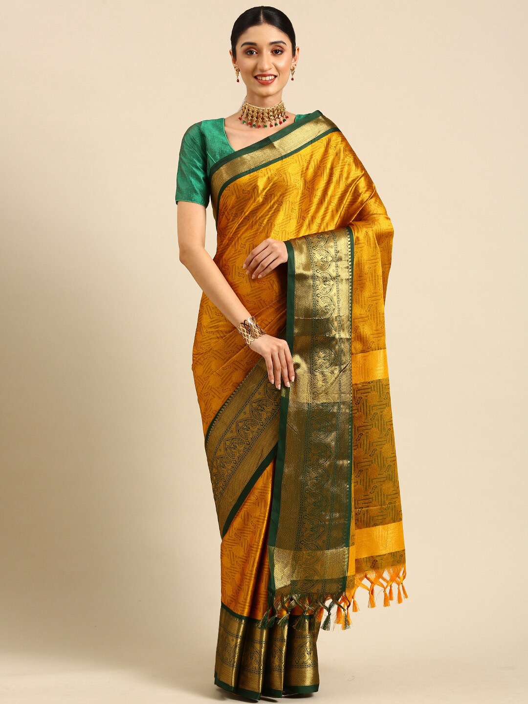 

Anouk Mustard & Green Ethnic Motifs Woven Design Zari Silk Blend Kanjeevaram Saree