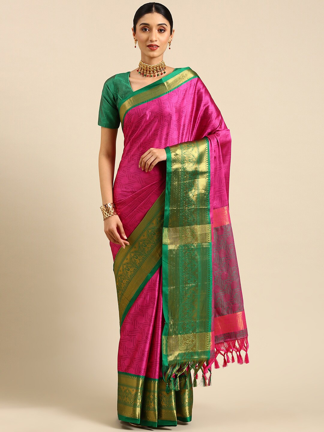 

Anouk Fuchsia & Green Ethnic Motifs Woven Design Zari Silk Blend Kanjeevaram Saree