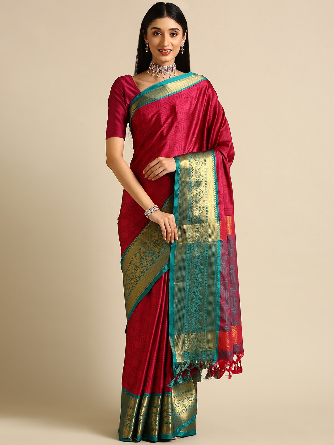 

Anouk Magenta & Teal Ethnic Motifs Woven Design Zari Silk Blend Kanjeevaram Saree