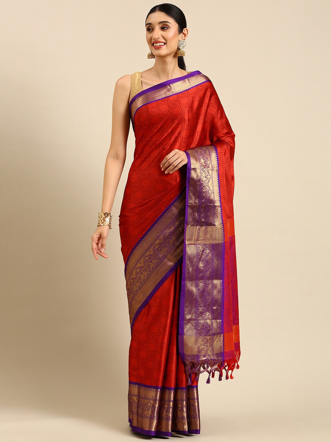 

Anouk Maroon & Blue Ethnic Motifs Woven Design Zari Silk Blend Kanjeevaram Saree