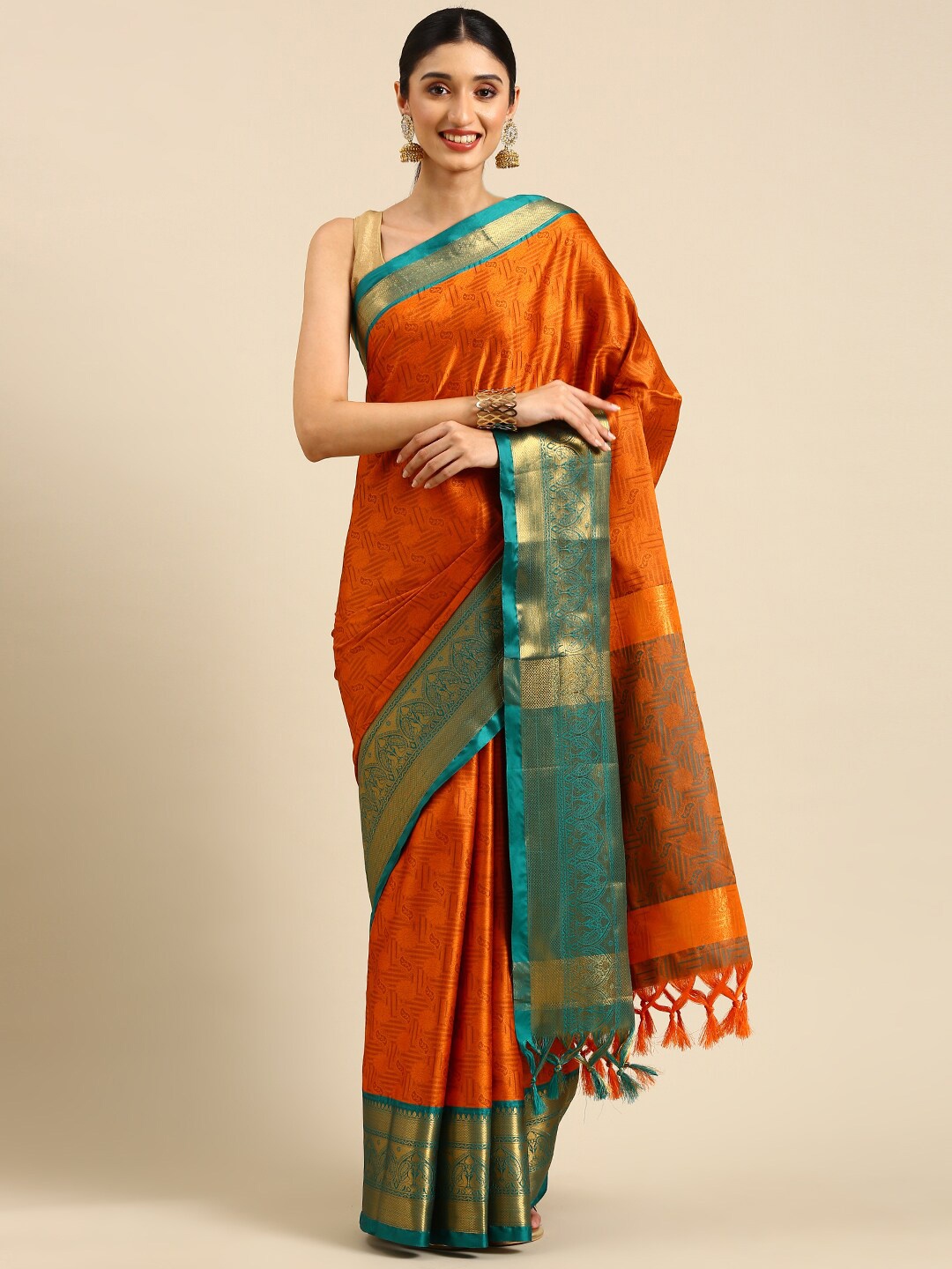 

Anouk Rust & Green Ethnic Motifs Woven Design Zari Silk Blend Kanjeevaram Saree