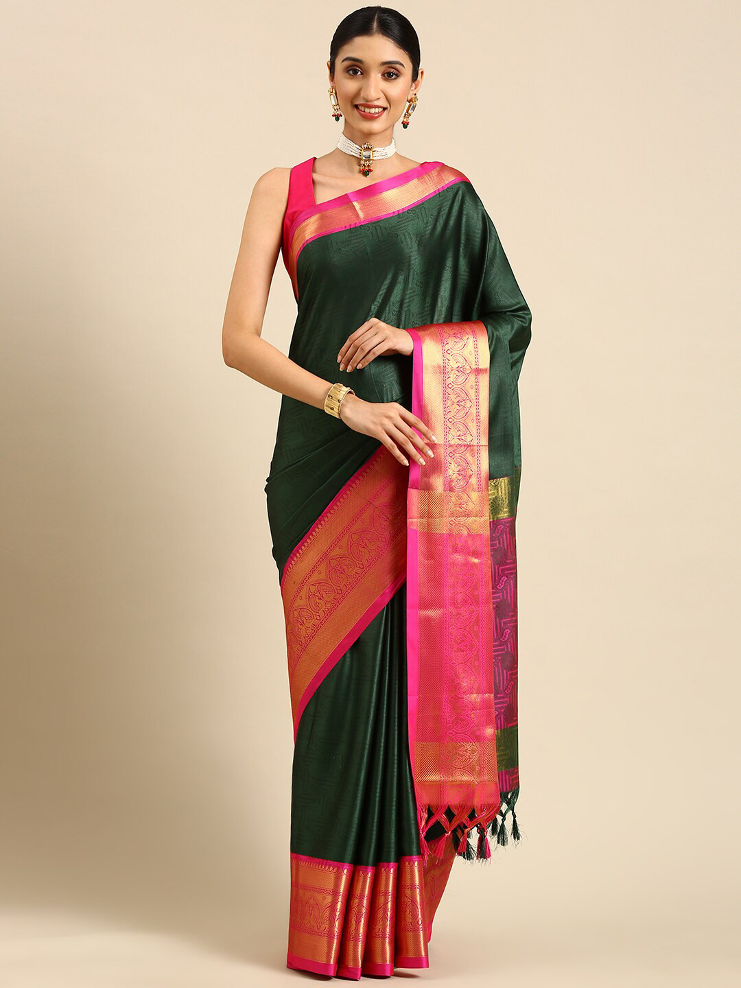 

Anouk Ethnic Motif Woven Design Zari Kanjeevaram Saree, Green