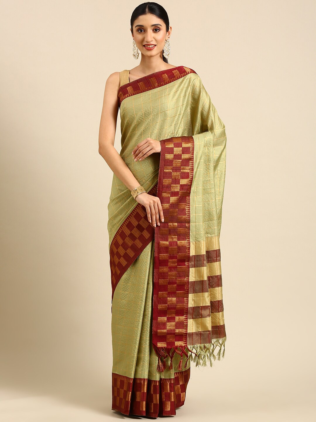

Anouk Checked Woven Design Zari Kanjeevaram Saree, Khaki